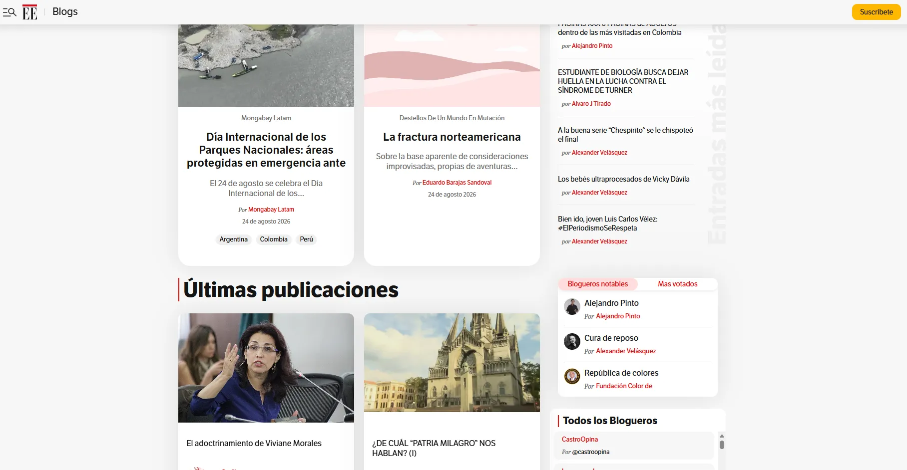 Captura de la pantalla principal de la sección de Blogs de El Espectador