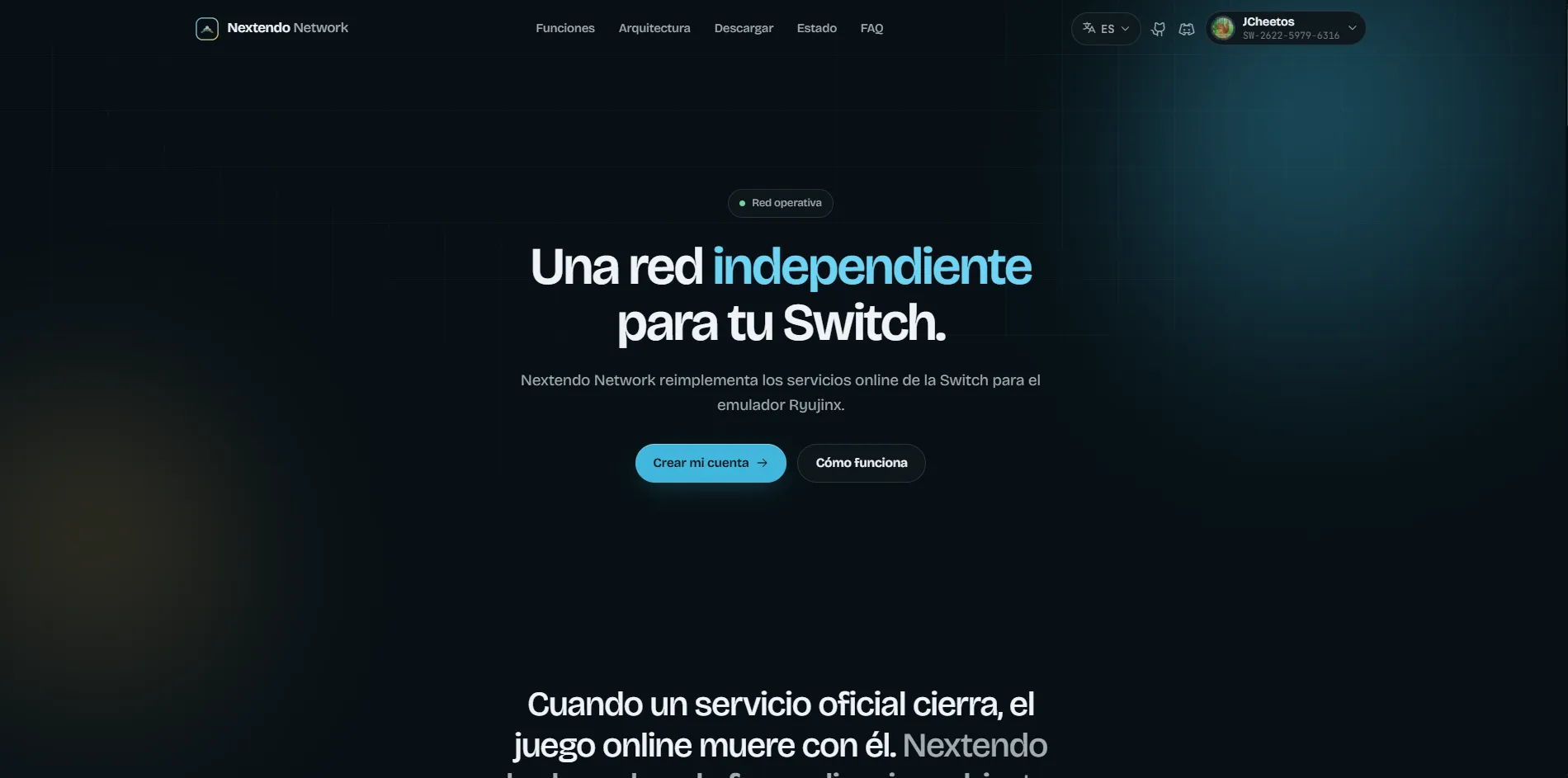 Captura de la página principal del sitio de Nextendo Network